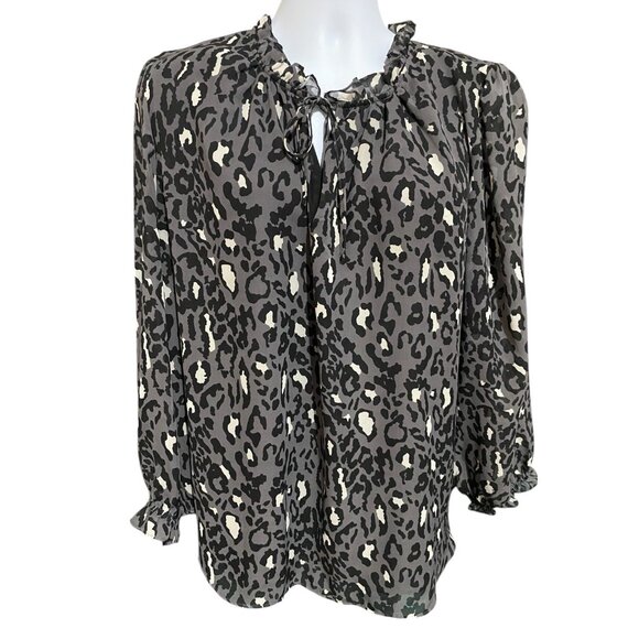Bar III Tops - bar III Blouse 3X Sheer Keyhole Front Tie Ruffled Neckline Gray Leopard Long Slv